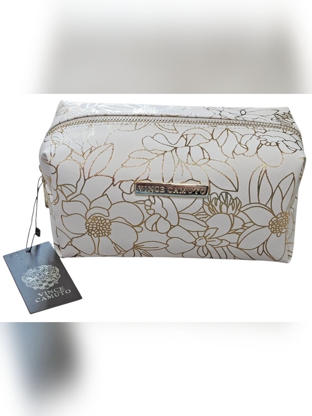 Vince Camuto Cream & Gold Floral Cosmetic Bag, New